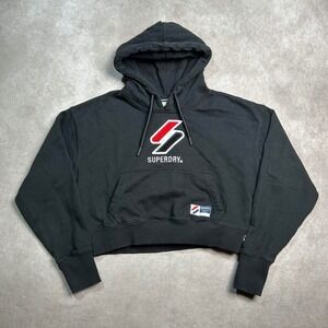 Superdry Women's US 10 Classic Cropped Boxy Hoodie Black Sweatshirt gym LOGO